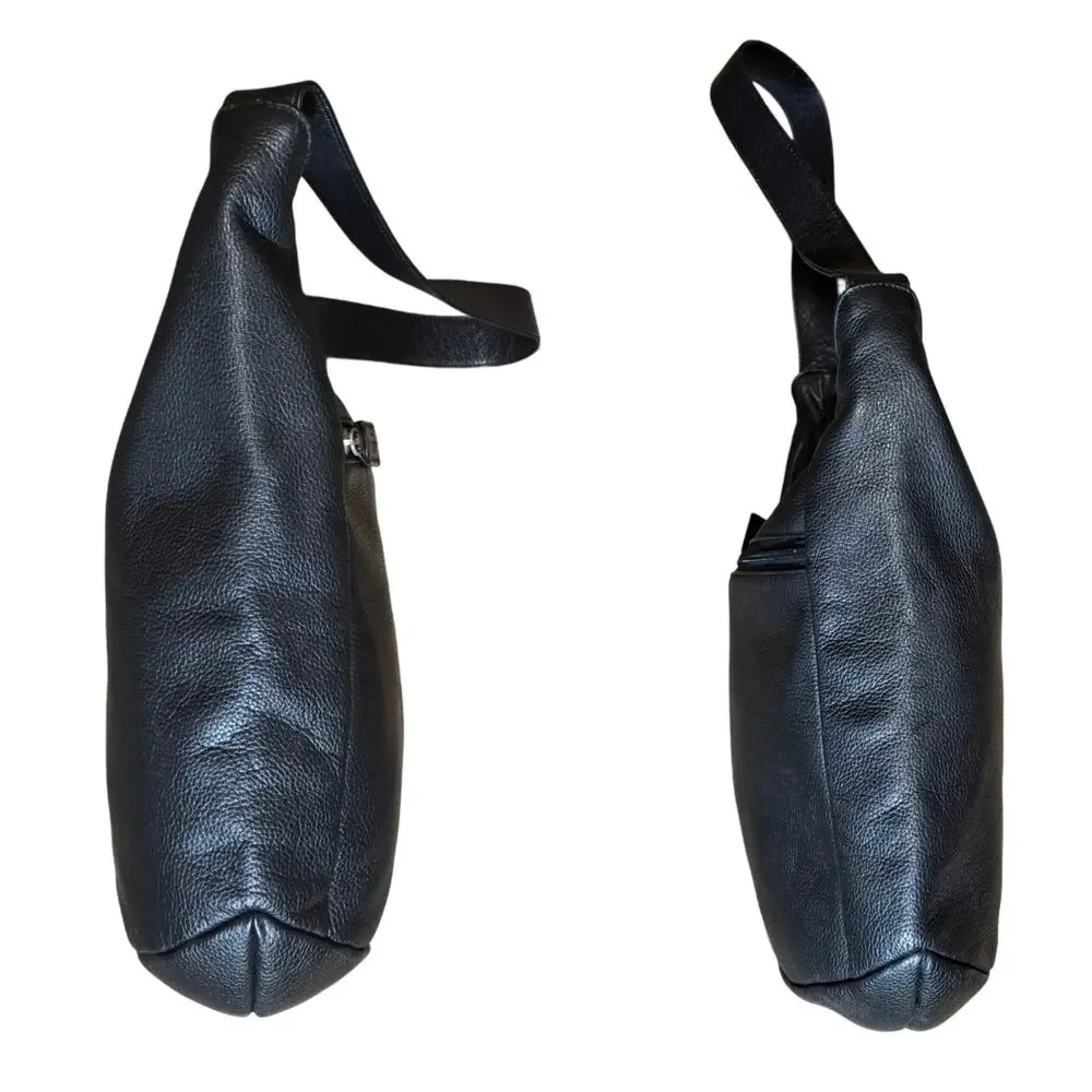 The Sak Hobo Purse Pure Leather Black Pebbled Zip Top Handbag Shoulder Bag